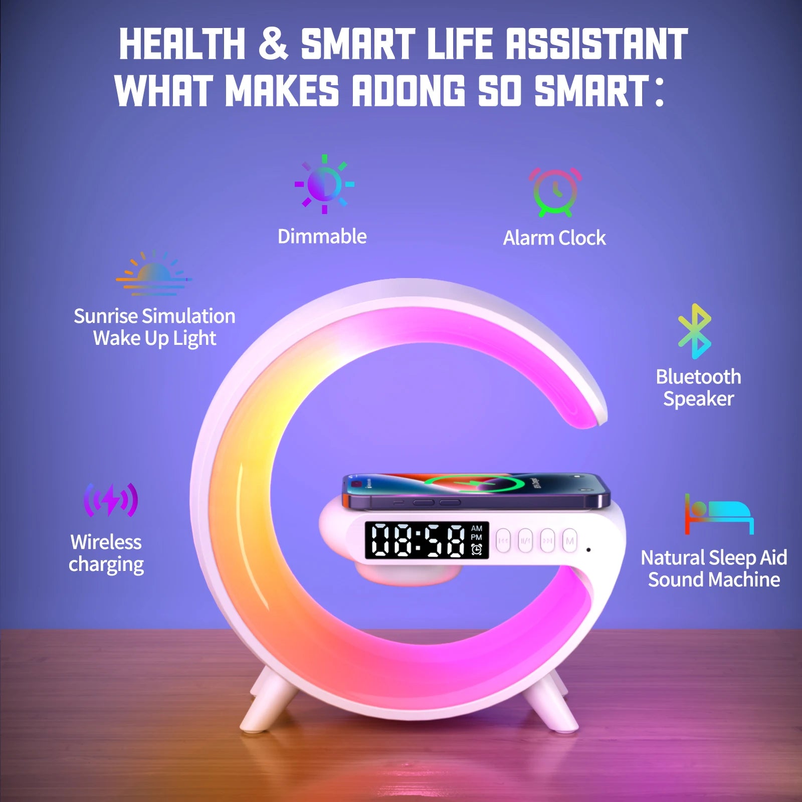 RGB Night Light with Wireless Speaker 15W Wireless Rechargeable Desk Lamp for Bedroom Bedside Game Room - Arcade Anchor